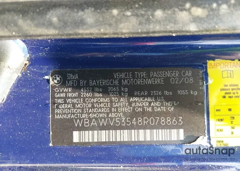 2008 BMW 328Xi из США, поврежденный, VIN WBAWV53548P078863